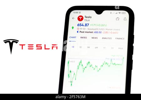 Brésil. 21 mars 2021. Dans cette photo, les informations boursières de Tesla affichées sur un smartphone avec le logo Tesla en arrière-plan. Credit: Rafael Henrique/SOPA Images/ZUMA Wire/Alamy Live News Banque D'Images