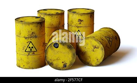 déchets radioactifs en barils, isolés avec ombre sur fond blanc Banque D'Images