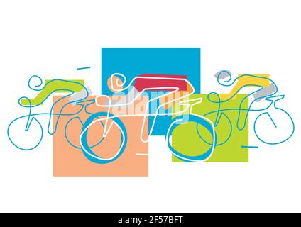 Course cycliste, art stylisé. Illustration expressive avec dessin au trait continu avec trois motocyclistes. Vecteur disponible. Illustration de Vecteur