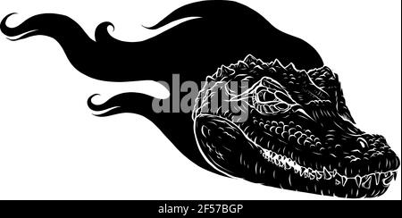 Silhouette noire de l'illustration Vector, une tête d'alligator féroce avec des flammes Illustration de Vecteur