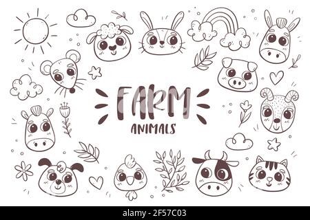 Arrière-plan animal doodle. Animaux de ferme avec des plantes tropicales et des feuilles. Parfait pour colorier des livres et des activités pour les enfants. Illustration vectorielle. Illustration de Vecteur