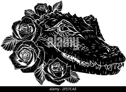 Silhouette noire de vecteur illustration de la tête de crocodile avec des roses Illustration de Vecteur