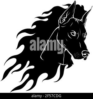 Silhouette noire du chien de la tête dobermann avec illustration vectorielle Flames Illustration de Vecteur