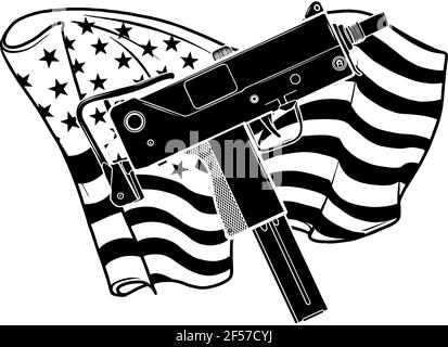 Silhouette noire d'armes Uzi avec illustration vectorielle de drapeau améican Illustration de Vecteur