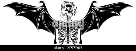 silhouette noire du squelette humain avec illustration vectorielle des ailes de chauve-souris Illustration de Vecteur