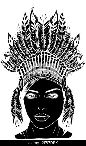 Silhouette noire d'une belle fille dans une héaddress des Indiens d'Amérique du Nord. Illustration de Vecteur