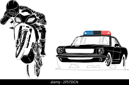 La silhouette noire d'une voiture de police est à la recherche d'un criminel sur une moto. Illustration de Vecteur