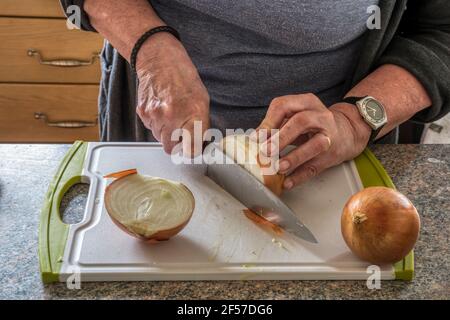 Femme hacher des oignons pour faire du chutney. Banque D'Images