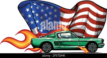 voiture de muscle vecteur avec flammes et drapeau américain Illustration de Vecteur