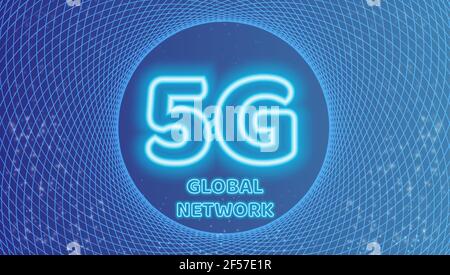 Conception polygonale filaire 5G avec signaux radio de diffusion. Illustration de vecteur numérique à faible polyfilaires. Transfert de Big Data haut débit. Fu Illustration de Vecteur