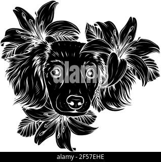 Silhouette noire du portrait d'un chien d'Espagne dans une couronne à tête de fleur. Illustration vectorielle. Illustration de Vecteur