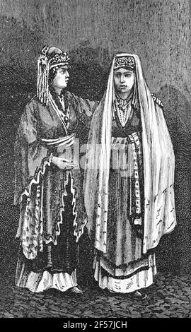 Femmes Lesghiennes, une tribu locale dans les montagnes du Caucase le long de la rivière Samur, Russie et Azerbaïdjan, Asie, gravure de bois, Vienne. Leipzig 1881 Banque D'Images