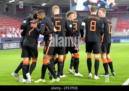 BOEDAPEST, HONGRIE - MARS 24: Fêtez les pays-Bas U21 lors du match de l'UEFA des moins de 21 Euro Championship Group Stage entre les pays-Bas U21 et la Roumanie U21 au stade Bozsik le 24 mars 2021 à Boedelberg, Hongrie (photo de Gerrit van Keulen/Orange Pictures)*** Légende locale *** Banque D'Images