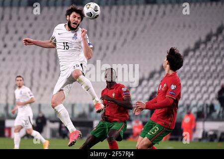 Reggio Emilia, Italie. 24 mars 2021. Tête de Badavi Huseynov d'Azerbaïdjan lors de la coupe du monde de la FIFA, Qatar 2022 qualification football match entre le Portugal et l'Azerbaïdjan au stade Juventus de Turin (Italie), 24 mars 2021. Photo Federico Tardito/Insidefoto Credit: Insidefoto srl/Alay Live News Banque D'Images