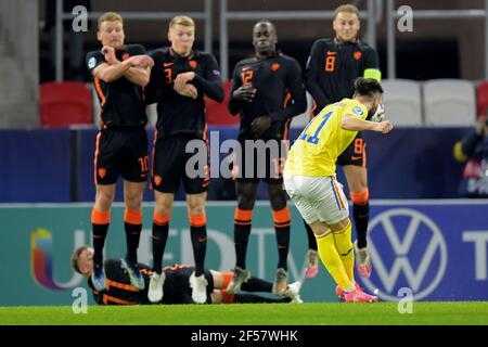 BOEDAPEST, HONGRIE - MARS 24: Andrei Ciobanu de Roumanie U21 pendant le match de l'UEFA des moins de 21 Euro Groupe de championnat entre les pays-Bas U21 et la Roumanie U21 au stade Bozsik le 24 mars 2021 à Boedelberg, Hongrie (photo de Gerrit van Keulen/Orange Pictures)*** Légende locale *** Andrei Ciobanu Banque D'Images