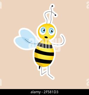 Adorable mascotte d'abeille de dessin animé, autocollant. Mouches des abeilles. Petite guêpe. Icône insecte vecteur. Modèle pour invitation, cartes, papier peint, jardin d'enfants. Doodle Illustration de Vecteur