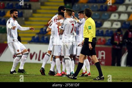 Riga, Lettonie. 24 mars 2021. Les joueurs du Monténégro célèbrent le match de qualification du groupe G de la coupe du monde de la FIFA 2022 entre la Lettonie et le Monténégro à Riga, en Lettonie, le 24 mars 2021. Crédit: Edijs Palens/Xinhua/Alamy Live News Banque D'Images