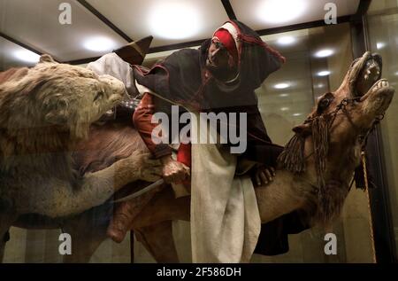 Lion attaquant un dromadaire fait par le naturaliste français Edouard Verreaux Exposition dans le musée d'histoire naturelle de Carnegie.Pittsburgh.Pennsylvania.USA Banque D'Images