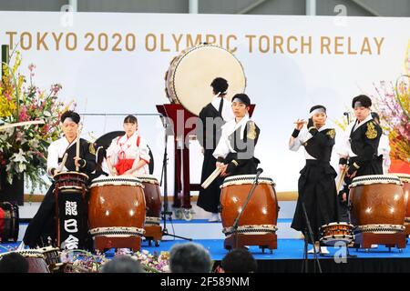 Préfecture de Fukushima, Japon. 25 mars 2021. La cérémonie du Grand départ pour le relais de la flamme olympique de Tokyo 2020 au Centre national de formation J-Village de Fukushima le 25 mars 2021, dans la préfecture de Fukushima, au Japon. Le relais de la flamme durera 121 jours et visitera les 47 préfectures du Japon. Crédit: Naoki Morita/AFLO SPORT/Alay Live News Banque D'Images