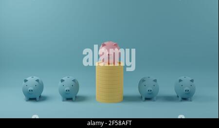 Banque de cochon rose sur la pile de pièces se démarquer de la foule de boursiers bleus identiques. Concept d'exceptionnel et différent. rendu 3d. Banque D'Images