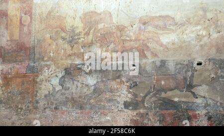 NAPLES, ITALIE - 13 JUIN 2019 : scène de chasse en plein air dans la maison de cei sur les ruines de pompéi Banque D'Images