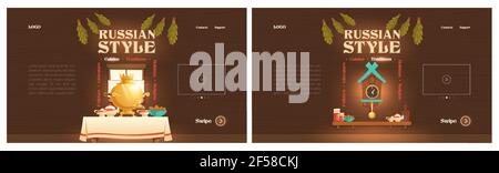 Pages d'atterrissage de dessin animé de style russe, cuisine rurale Illustration de Vecteur