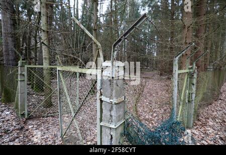 23 mars 2021, Mecklembourg-Poméranie occidentale, Hohenzieritz: Une clôture de protection à l'entrée du bunker de protection pour la direction du district de SED Neubrandenburg dans une zone boisée. Le site sera mis aux enchères par Deutsche Grundstücksauktionen AG (Berlin) le 25.03.2021. L'offre minimale pour environ 280 mètres carrés de zone utilisable de bunker comprenant 5000 mètres carrés de forêt sécurisée avec barbelé est de 7000 euros. Lors de la vente aux enchères, qui aura lieu via Internet en raison des restrictions de Corona, 78 propriétés, principalement de l'Allemagne de l'est, seront mises à la vente. Photo: Bernd Wüstneck/d Banque D'Images