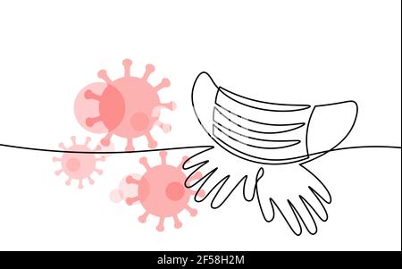 Concept de masque de sécurité art continu à une seule ligne. Esquisse manuelle sans danger du coronavirus pandémique COVID. Gants masque épidemia pneumonie allergie blanc Illustration de Vecteur