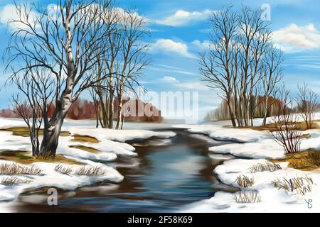 Printemps russe, la nature se réveille de l'hiver, jour chaud en mars, paysage de la nature russe, illustration d'art numérique peint avec aquarelles. Banque D'Images