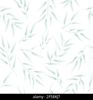 Motif fleuri dessiné à la main sans couture. Branches avec feuilles dessinées au crayon. Branches vertes sur fond blanc. Banque D'Images