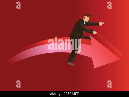 Métaphore d'affaires de l'homme d'affaires surfant sur une vague de flèche rouge. Concept d'exploration du marché de la bourse financière volatile. Illustration vectorielle Illustration de Vecteur