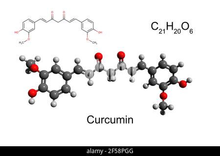 Formule chimique, formule squelettique et modèle boule-et-bâton 3D de curcumine antioxydante, forme céto, fond blanc Banque D'Images