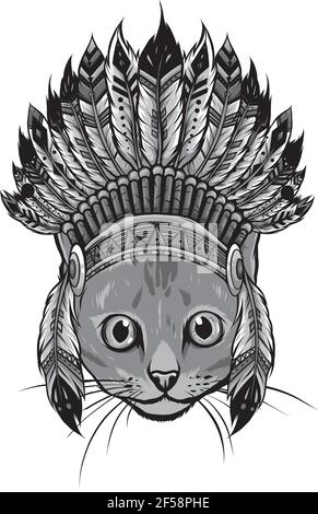 Conception de la tête de chat avec indian Hat Vector Illustration de Vecteur