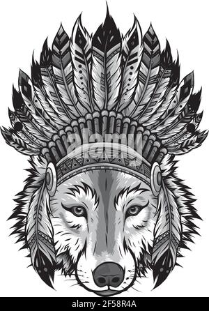 Dessin de loup indien avec plumes chapeau illustration vectorielle Illustration de Vecteur