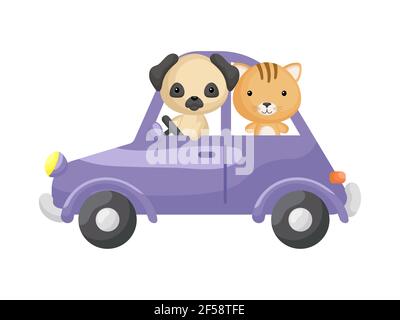 Un joli petit chat et un petit chien volant en voiture mauve. Personnage de dessin animé pour les enfants livre, album, douche de bébé, carte de voeux, invitation de fête, maison inter Illustration de Vecteur