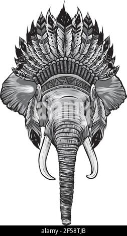 Conception de la tête d'éléphant avec la coiffe du chef indien américain. Illustration de Vecteur