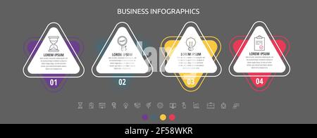 Infographie moderne et simple sur les triangles vectoriels plats en quatre étapes. Chronologie du diagramme, du graphique, du Web, de la bannière, de la mise en page du flux de travail, présentations Illustration de Vecteur