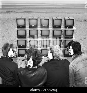 Le groupe Lambretcas Mod Revival. ' Beat Boys in the jet Age' photo shoot 1980 Banque D'Images