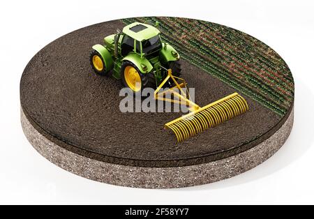 Tracteur vert sur le terrain isolé sur fond blanc. Illustration 3D. Banque D'Images