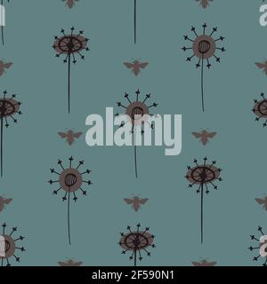 Les têtes de graines de pissenlit et les abeilles miel arrière-plan de motif vectoriel sans couture. Résumé mélange d'art populaire de fleurs herbacées de jardin ou de champ et d'insectes sombres Illustration de Vecteur