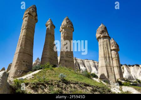 Cheminées de fées typiques, formations rocheuses de grès érodées dans la vallée de l'Amour, près des villes de Göreme et Çavusin. Cappadoce. Anatolie centrale.Turquie Banque D'Images