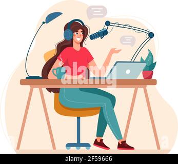 Enregistrement de podcast d'illustration vectorielle. Les entrevues de fille, conduit un webinaire, des cours en ligne, le concept d'un podcast éducatif. Peut être utilisé pour la bannière Web, l'infographie. Isolé sur blanc Illustration de Vecteur
