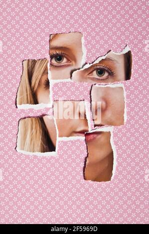 blonde jeune femme portrait photo teared en fragments Banque D'Images