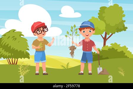 Les enfants plantent des plants, joyeux garçon paysan personnage tenant le semis d'arbre, jardinage Illustration de Vecteur