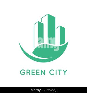 Icône de ville verte. Bâtiments et feuilles. Concept de vie verte. Sensibilisation à l'environnement en zone urbaine. Logo ou symbole de la maison écologique. Développement durable Illustration de Vecteur