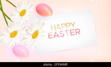 Composition de Pâques avec des œufs et des pâquerettes de Pâques réalistes sur fond rose. Fond de Pâques de fleurs de printemps avec carte en papier Illustration de Vecteur