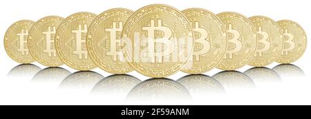 Bitcoin crypto monnaie payer en ligne payer de l'argent numérique crypto-monnaie affaires finances isolées sur blanc dans une rangée bit coin Banque D'Images