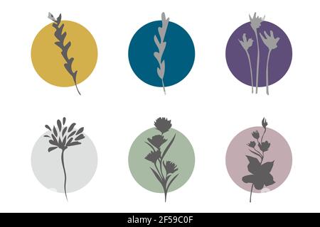 Silhouette de fleur sur ensemble de forme ronde. Plantes isolées sur fond blanc. Icônes de plantes abstraites. Illustration de Vecteur