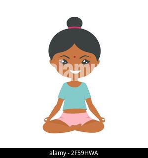 Adorable chibi indienne faisant du yoga sur fond blanc. Style dessin animé plat. Illustration vectorielle Banque D'Images