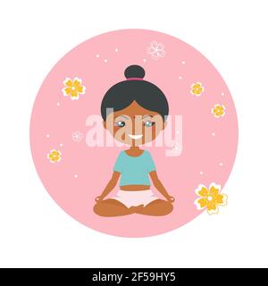 Adorable chibi indienne faisant du yoga sur fond rose. Style dessin animé plat. Illustration vectorielle Banque D'Images